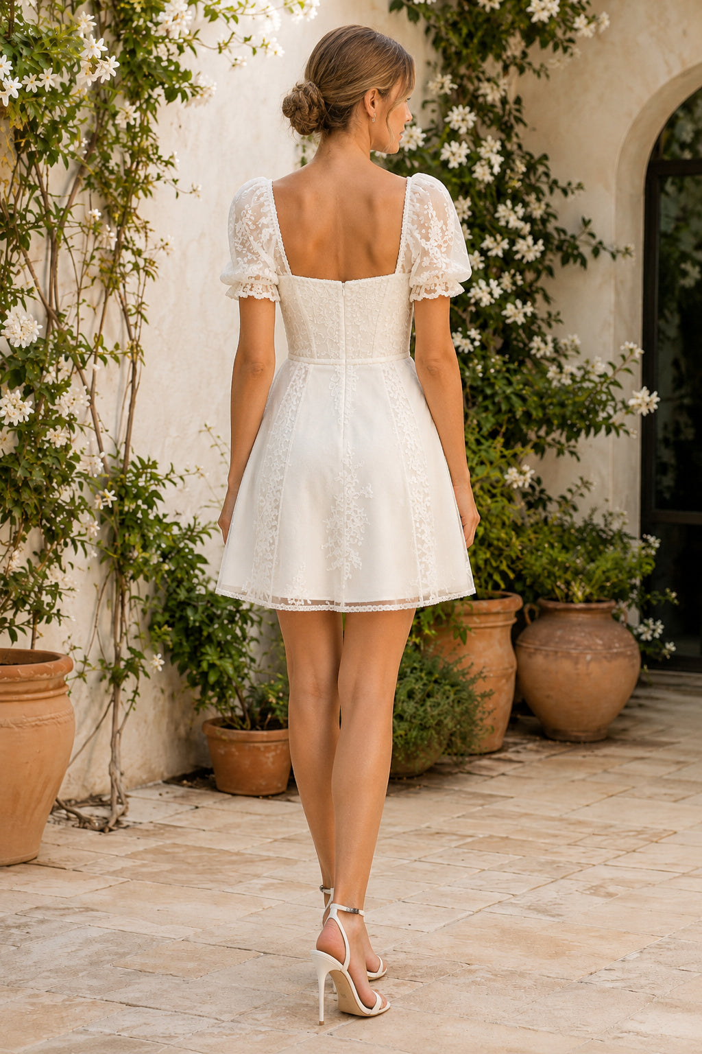 Ivory Square Neck Puff Sleeve Simple Lace Mini Dress for Wedding Reception and Party back view