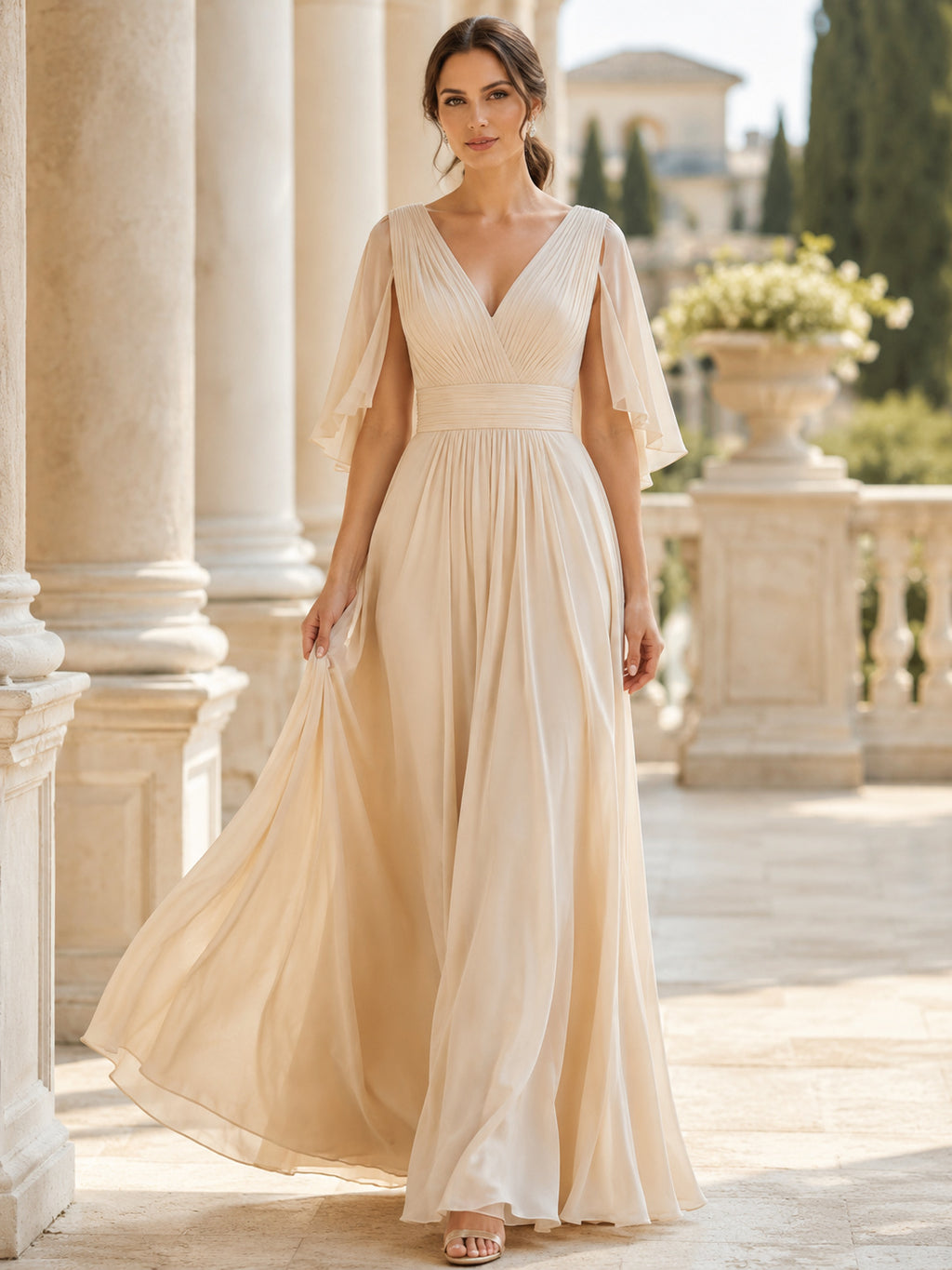 Champagne V Neck Chiffon Flutter Sleeve Gown front view