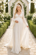 Ivory Long Puff Sleeve Chiffon Maternity Wedding Dress with V-Neck and Train front view