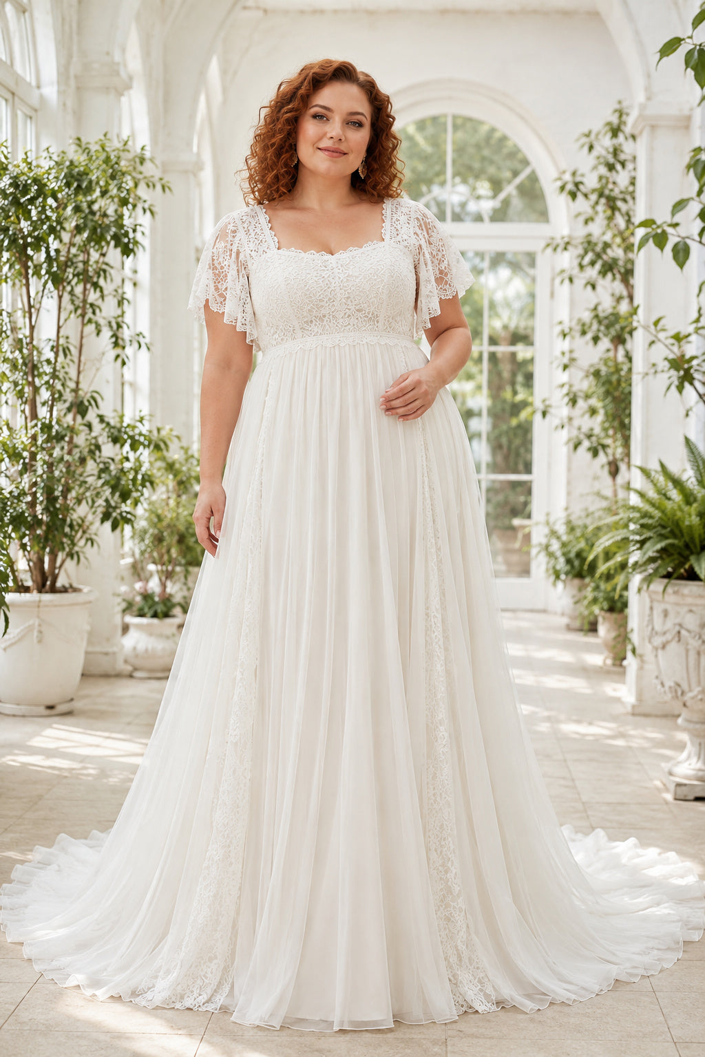 Plus Size Ivory Square Neck Flutter Sleeve Lace Tulle A-Line Wedding Dress with Flutter Lace Sleeves and Soft Chiffon Skirt f