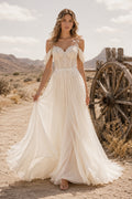 Spaghetti Strap V-Neck A-Line Wedding Dress with Lace Applique Bodice and Soft Train front view