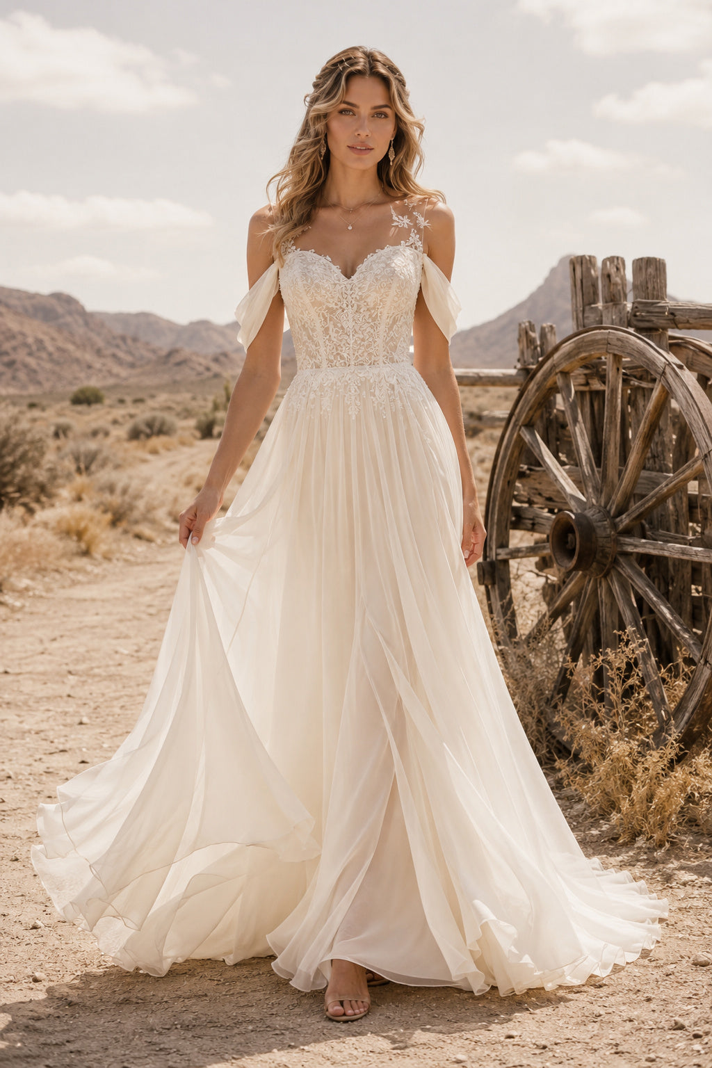 Spaghetti Strap V-Neck A-Line Wedding Dress with Lace Applique Bodice and Soft Train front view