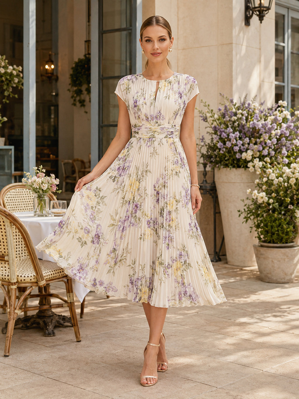 Lavender Floral Cap Sleeve Pleated A Line Midi Guest Dress front view