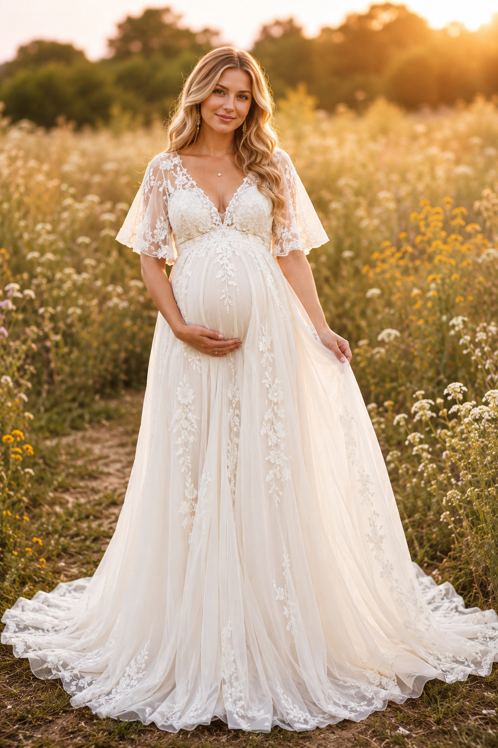 Ivory Maternity V-Neck Flutter Sleeve Lace A-Line Wedding Dress with Soft Tulle Train front view