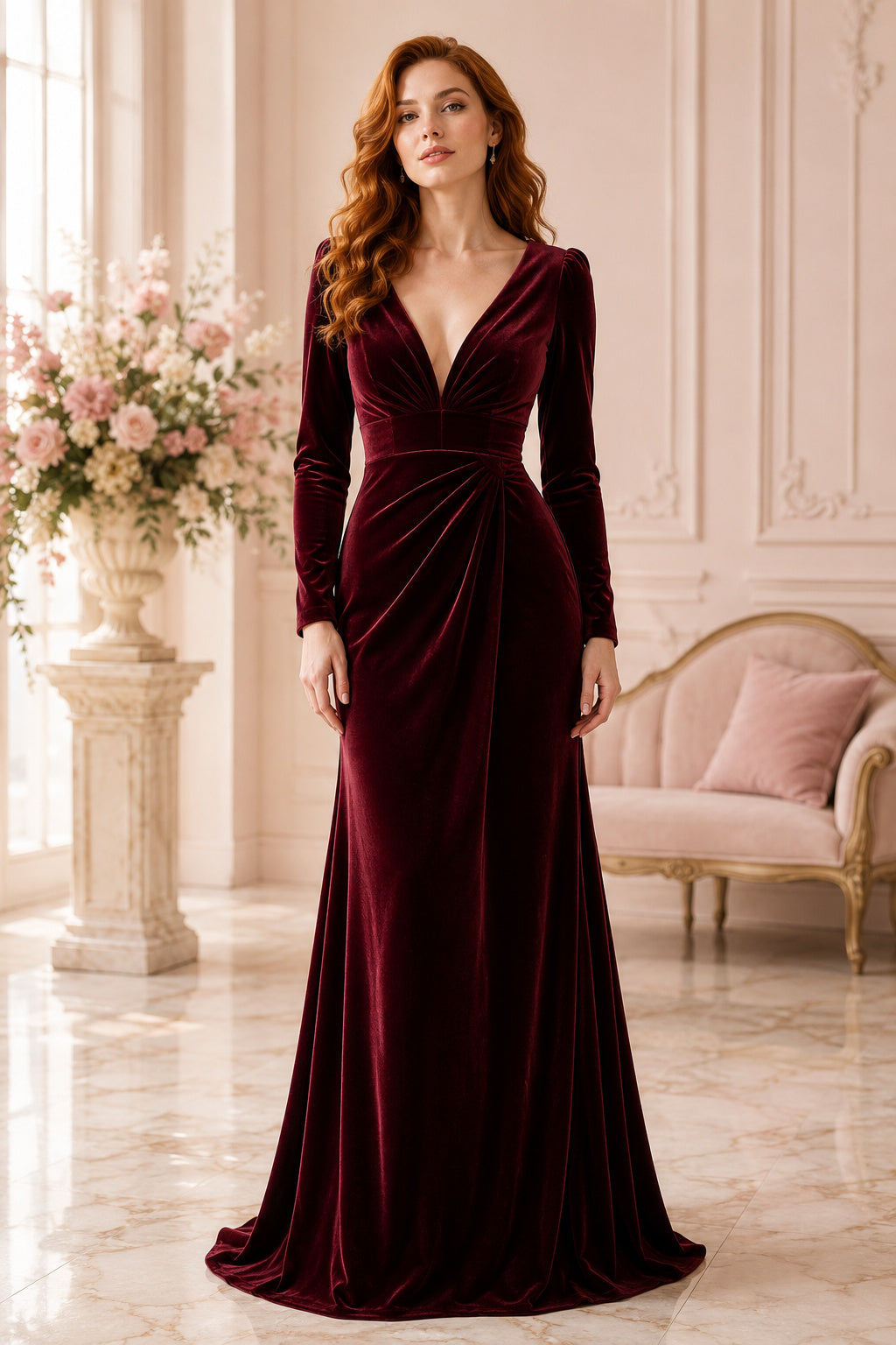 Burgundy Long Sleeve Velvet Mermaid Evening Dress with V-Neck front view