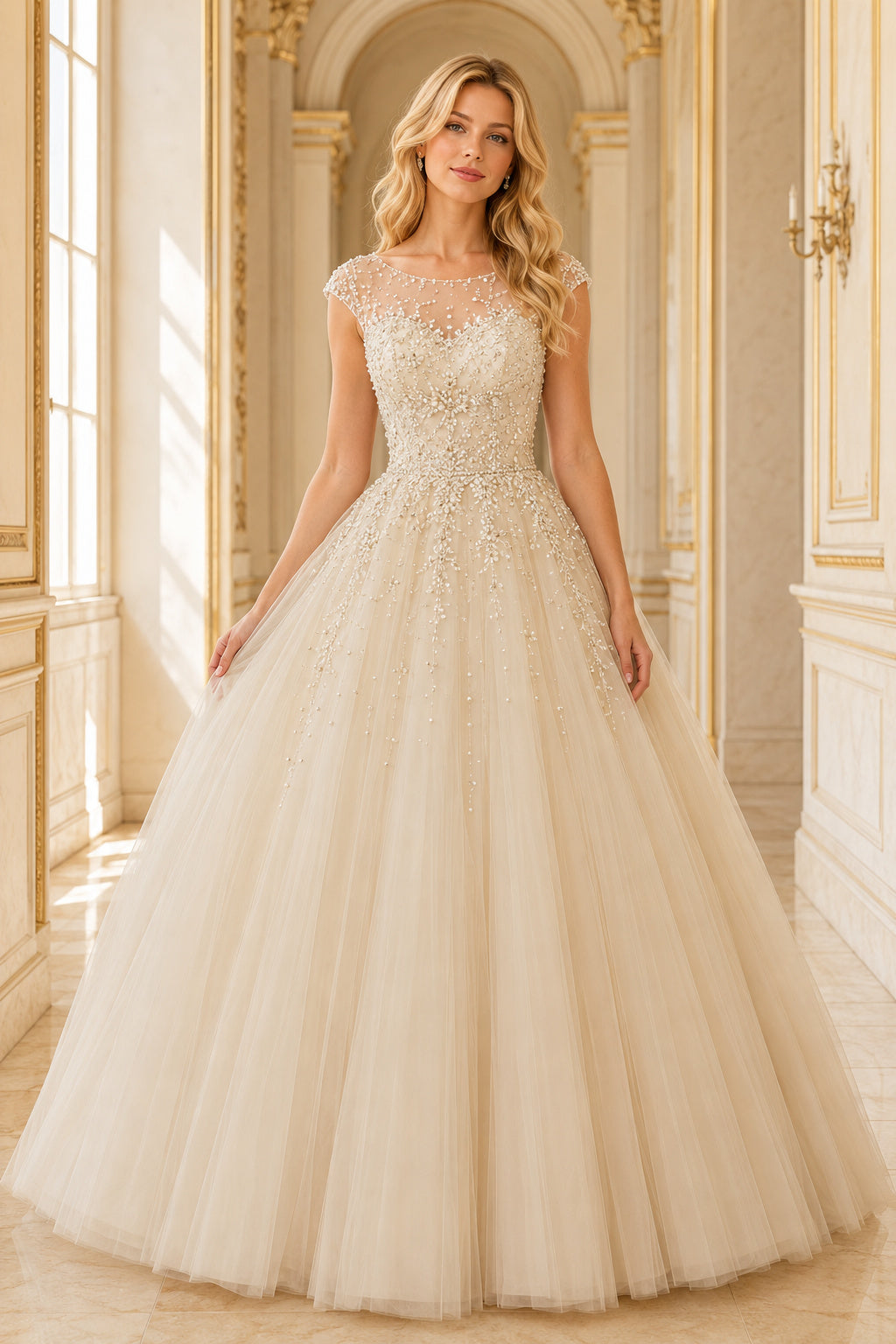 Champagne Lace Illusion Ball Gown with Cap Sleeves and Full Tulle Skirt Floor Length Ball Gown Wedding Dress front view