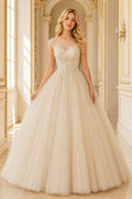 Champagne Lace Illusion Ball Gown with Cap Sleeves and Full Tulle Skirt Floor Length Ball Gown Wedding Dress front view