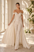 Ivory Off-the-Shoulder Sequin Bridal Jumpsuit with Train front view