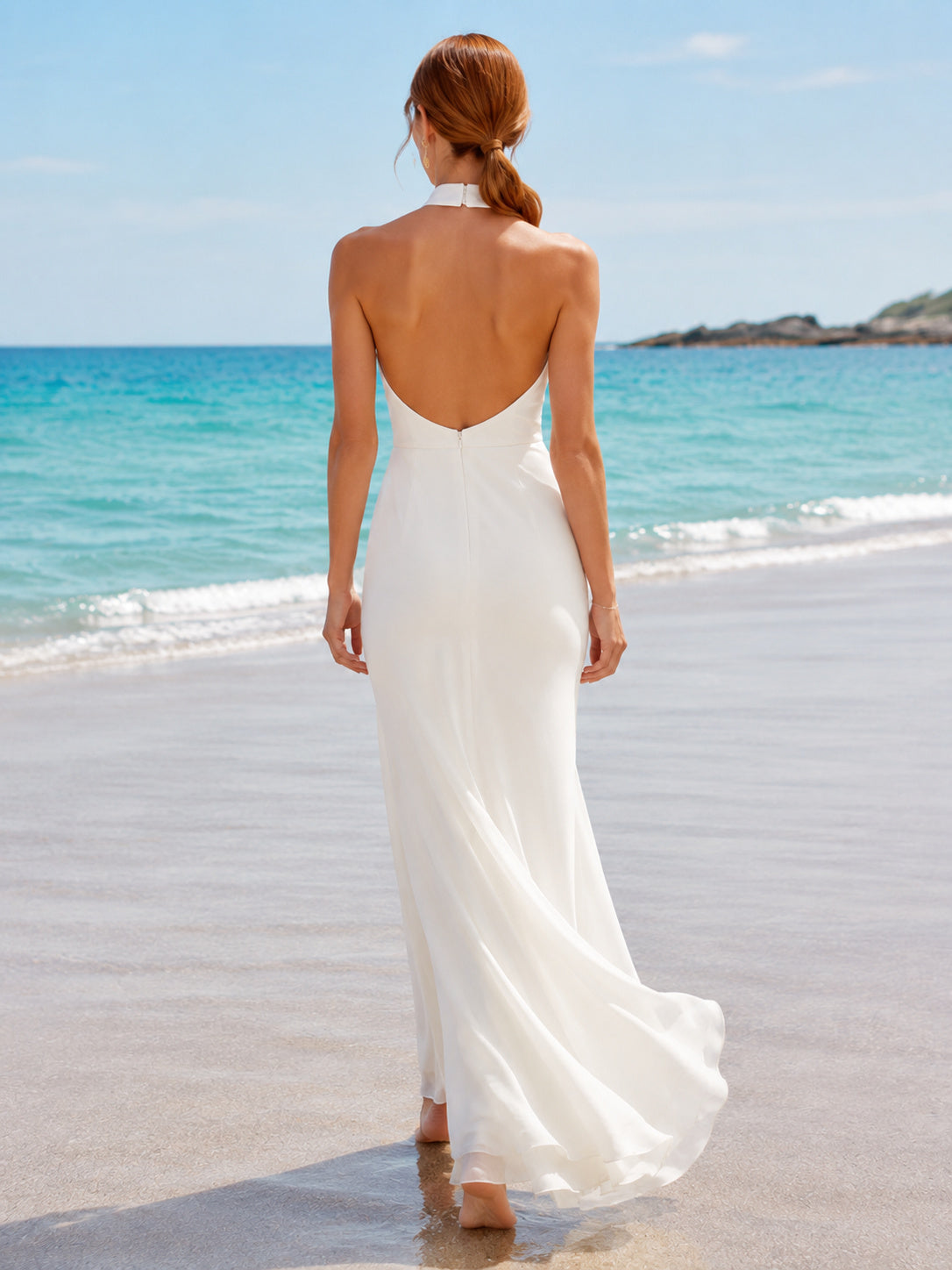 Lightweight High Neck Halter Backless Chiffon Sheath Beach Wedding Dress back view