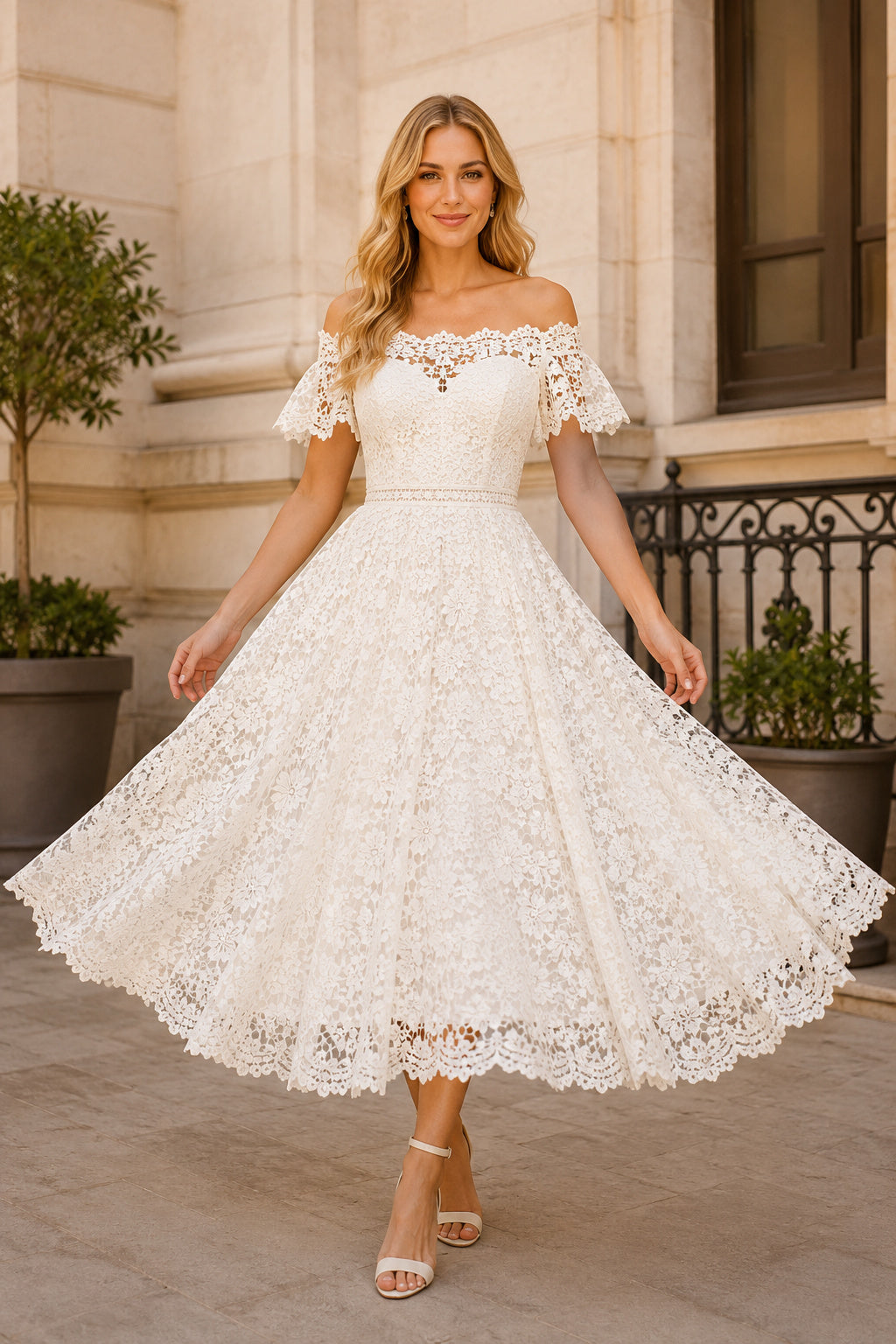 Ivory Off-the-Shoulder Sweetheart Flutter Sleeve Lace Tulle Tea-Length Wedding Dress with Flutter Sleeves and Scalloped Lace