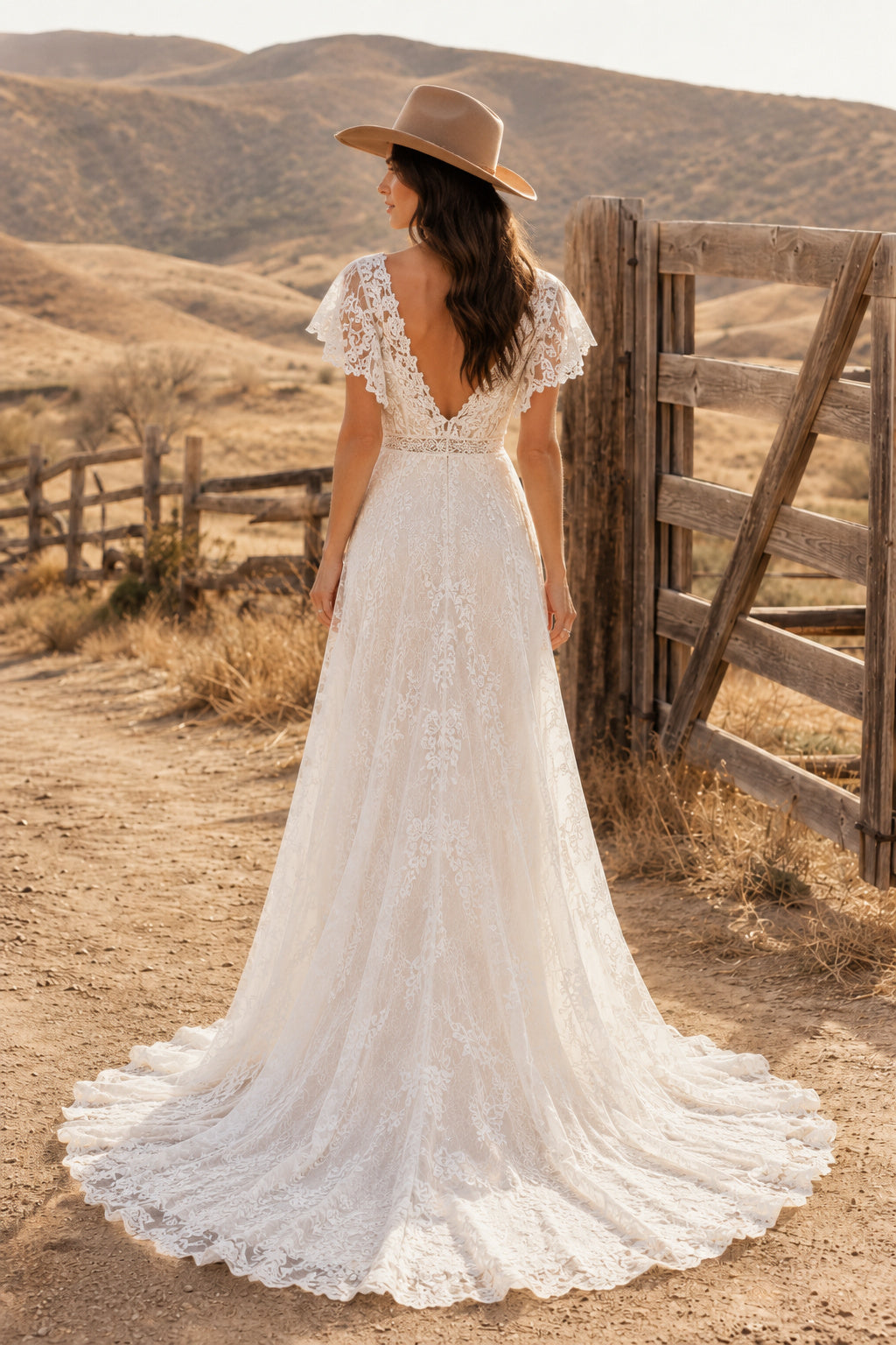 Flutter Sleeve V-Neck A-Line Wedding Dress with Lace Overlay and Sweep Train for Rustic Garden Ceremony back view