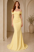 Daffodil Off-the-Shoulder Mermaid Formal Dress with Ruched Bodice and Sweep Train front view