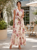 Burgundy Floral Sleeveless Wrap Ankle Length Guest Dress front view