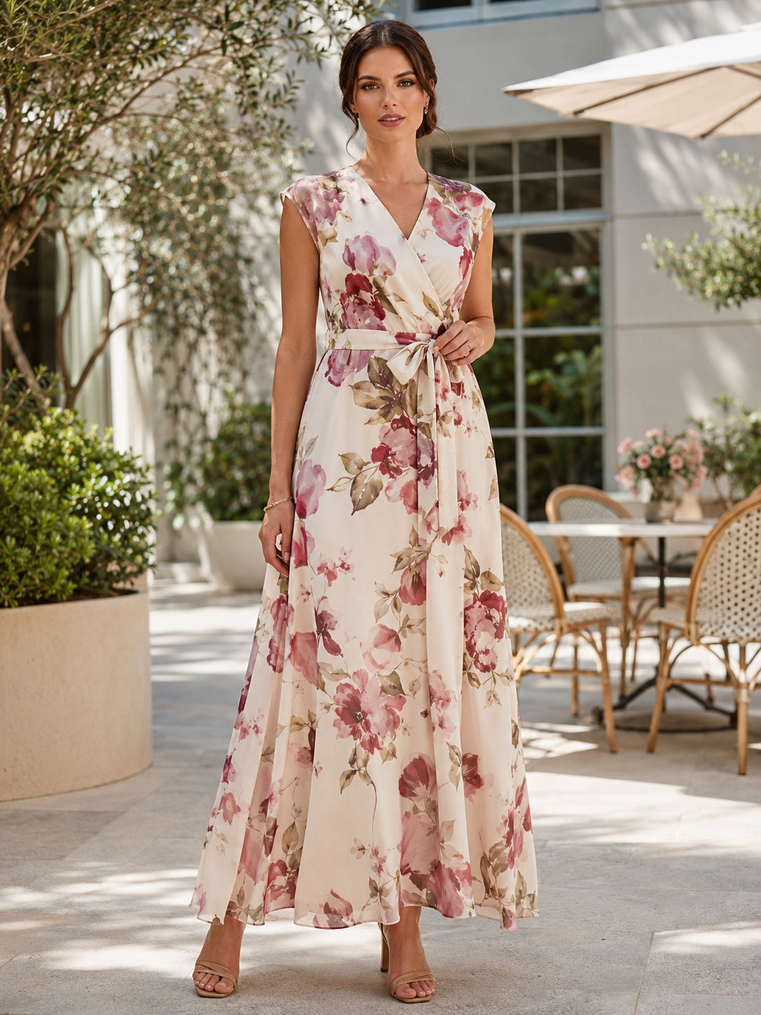 Burgundy Floral Sleeveless Wrap Ankle Length Guest Dress front view