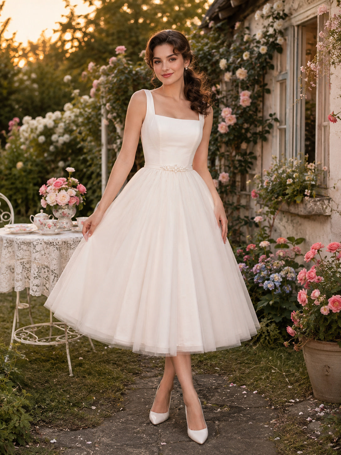 Square Neck Tulle Tea Length Garden Wedding Dress front view