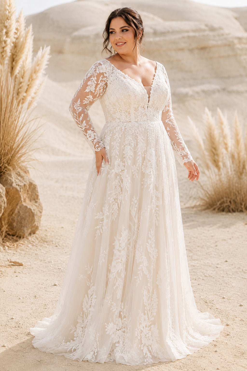 Plus Size Ivory V-Neck Long Illusion Sleeve Lace Tulle A-Line Wedding Dress with Long Lace Sleeves and Sweep Train front view
