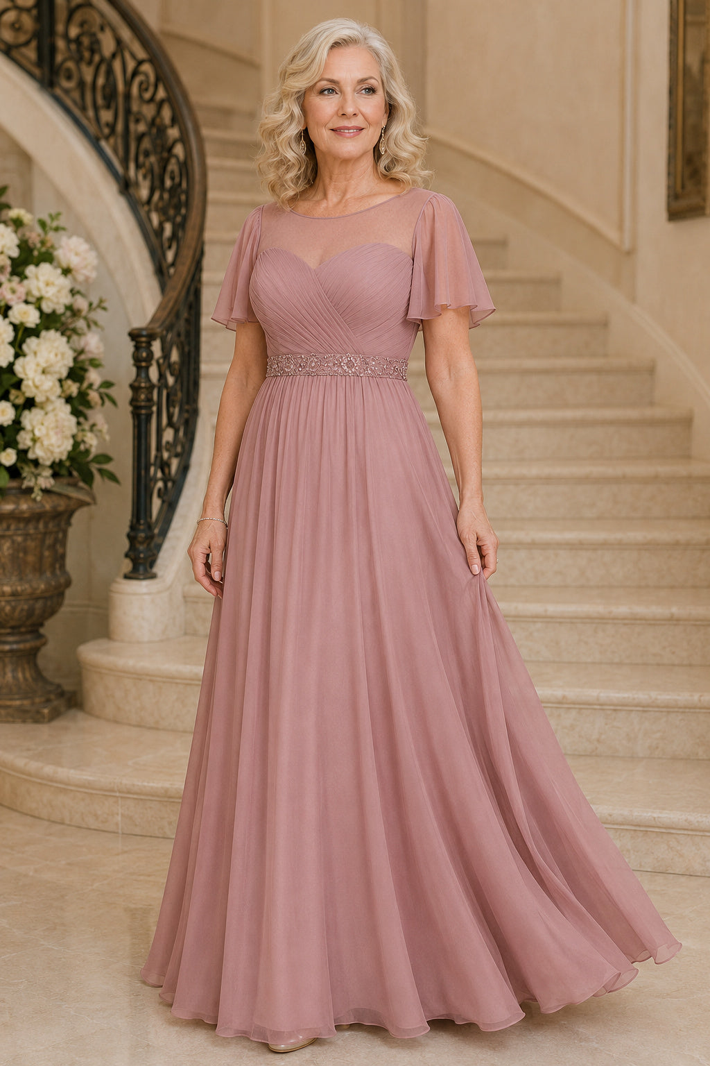 Vintage Mauve Chiffon A-Line Mother Dress with Flutter Sleeves and Beaded Waist front view