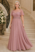 Vintage Mauve Chiffon A-Line Mother Dress with Flutter Sleeves and Beaded Waist front view