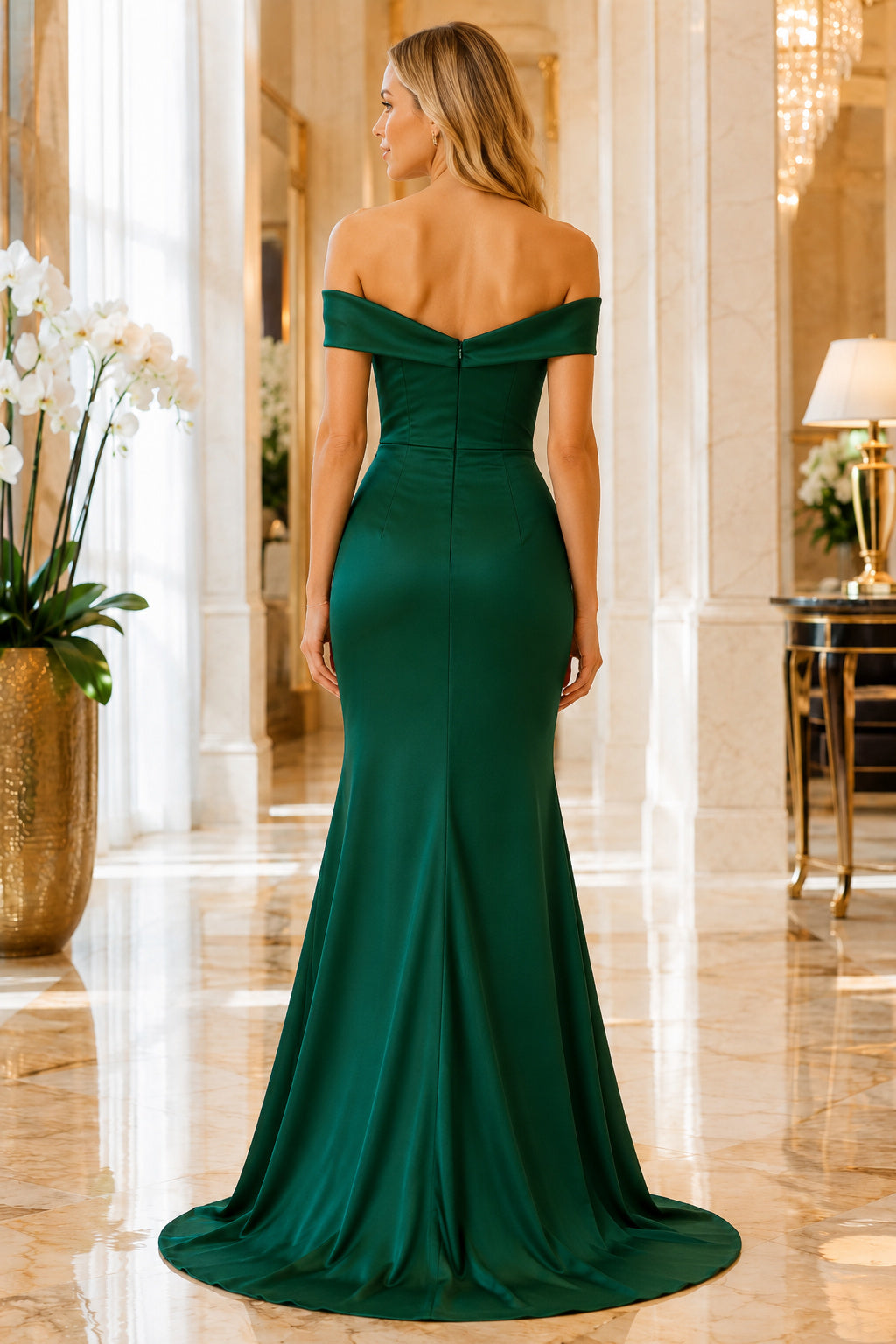 Dark Green Off-the-Shoulder Satin Mermaid Formal Dress with Sweetheart Neck and Sweep Train Style MG_300954 back view