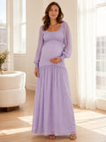 Lilac Maternity Square Neck Balloon Sleeve Dropped Waist Floor Length Dress front view