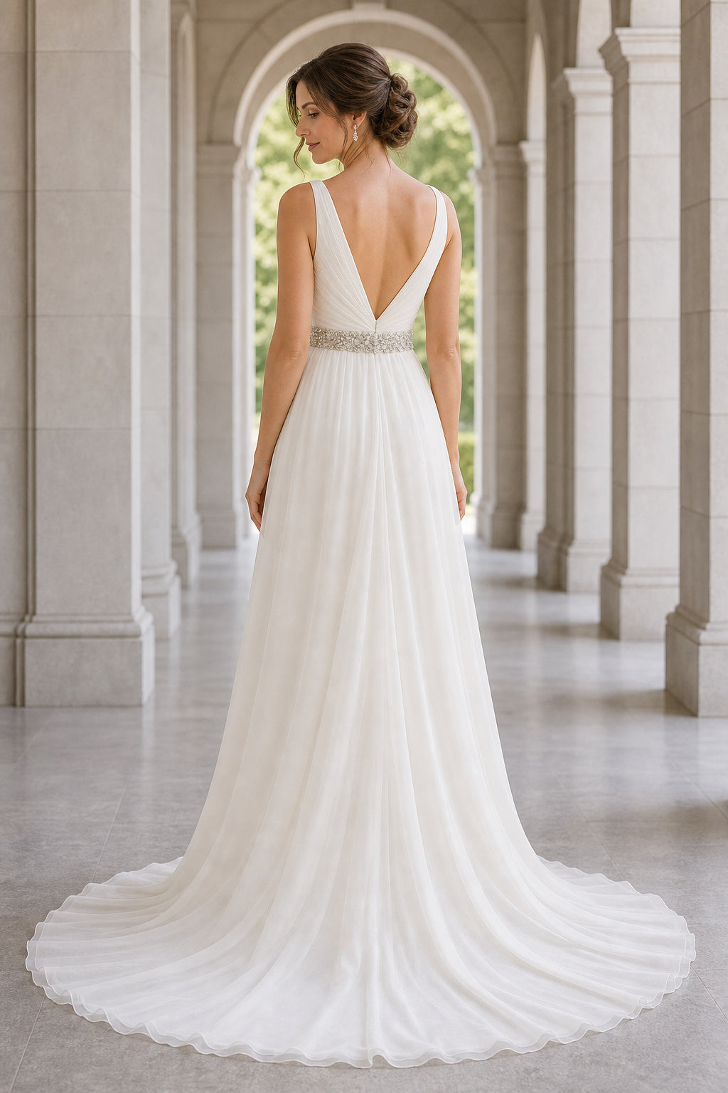 White V-neck A-Line Chiffon, Lace Floor-length Wedding Dress With Lace Bodice and Beaded Waist and Open Back