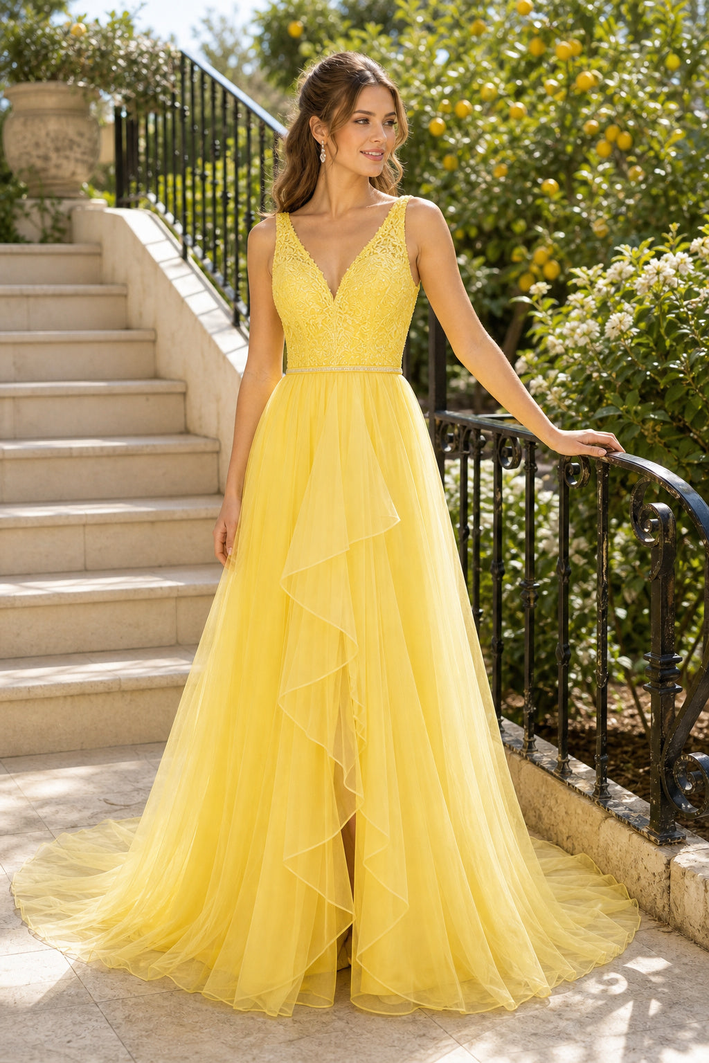 Yellow V-neck Sleeveless A-Line Tulle Floor-Length Dress With Keyhole Back