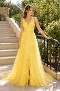 Yellow V-neck Sleeveless A-Line Tulle Floor-Length Dress With Keyhole Back