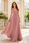 Dusty Rose Cap Sleeve V-Neck Chiffon A-Line Bridesmaid Dress with Pleated Bodice front view