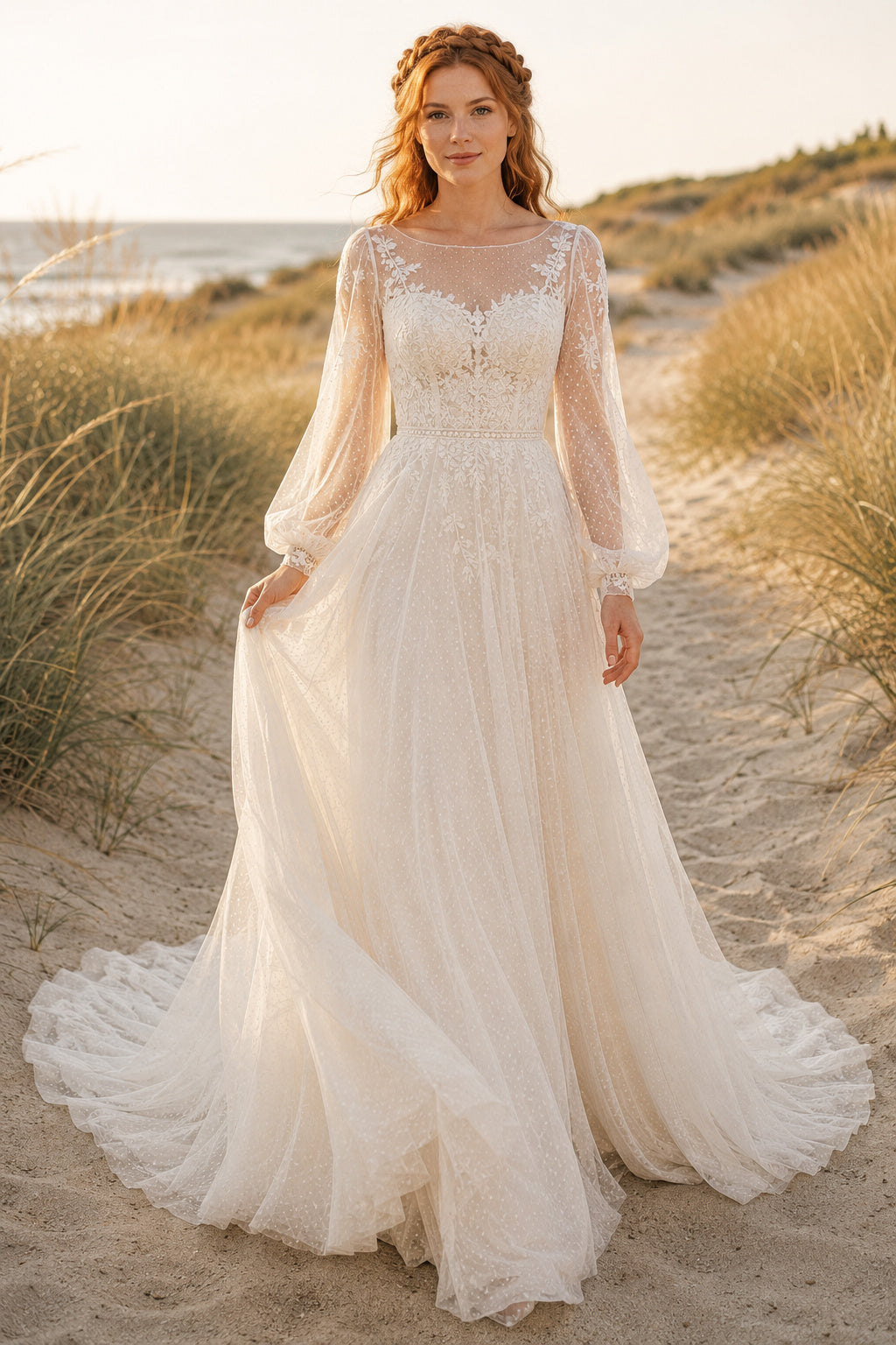 High Neck Long Sleeve A-Line Wedding Dress with Lace Bodice and Soft Tulle Train front view