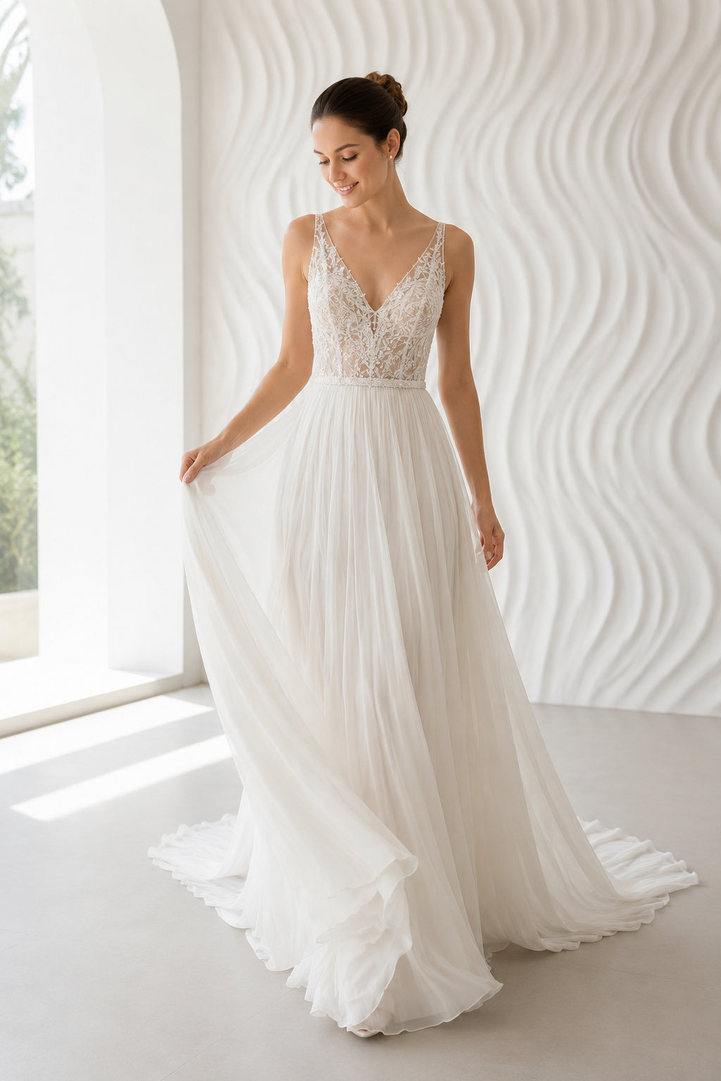 V-Neck Lace Bodice Tulle A-Line Wedding Dress with Chapel Train front view