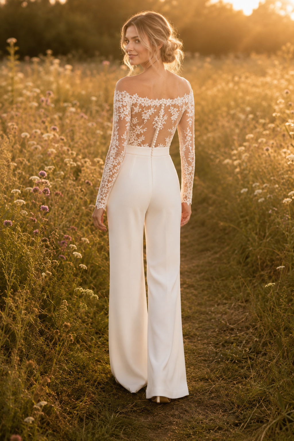 Ivory Off-the-Shoulder Long Sleeve Lace Bridal Jumpsuit with Wide Pants back view