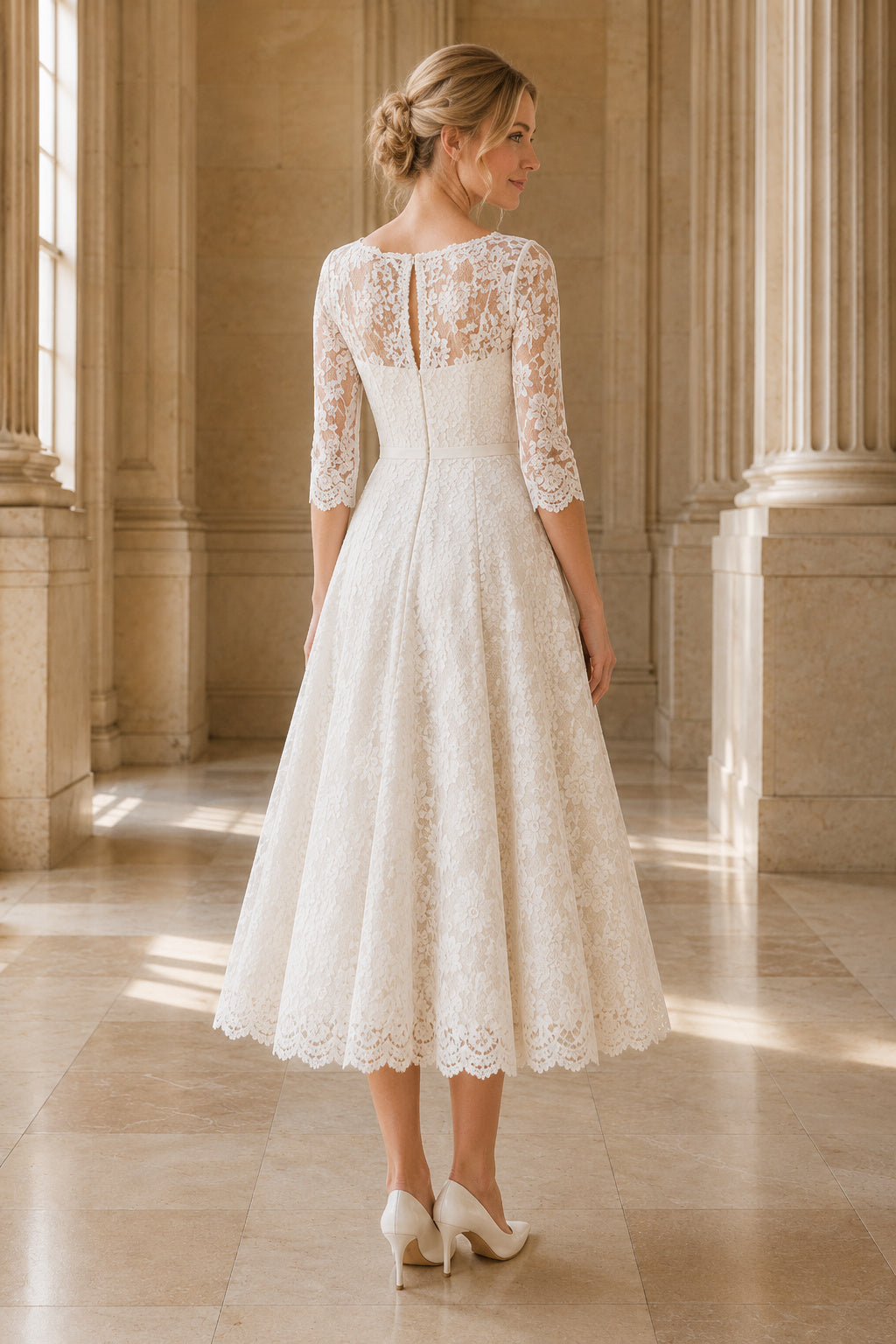 Ivory V-Neck Three-Quarter Sleeve Lace Tea-Length Wedding Dress with Three-Quarter Lace Sleeves and Scalloped Hem back view