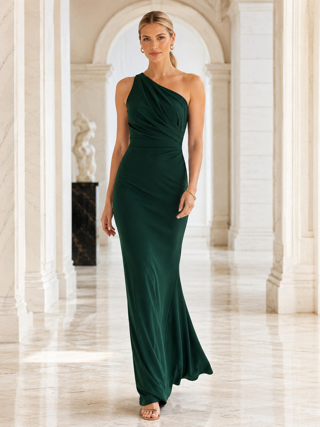 Dark Green One-Shoulder Satin Column Evening Gown front view