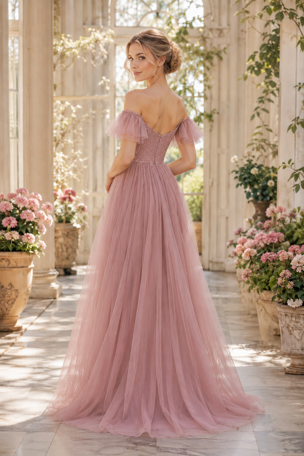 Dusty Rose Off Shoulder Ruffle Sleeve Bodice with Tulle Skirt Floor Length A-Line Prom Dress back view