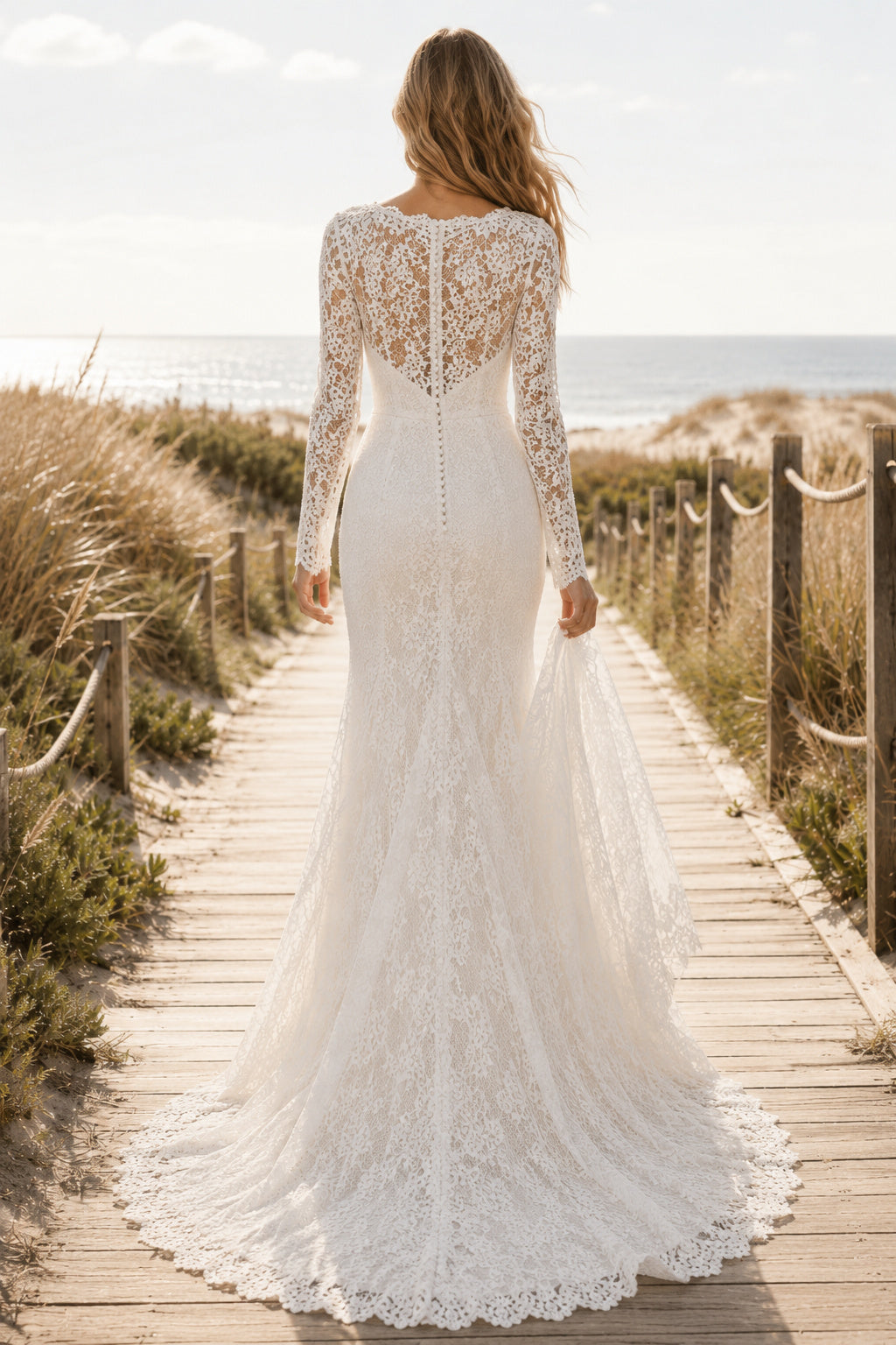Ivory Modest Bateau Neck Mermaid Allover Lace Wedding Dress with Long Lace Sleeves and Chapel Train Style MG_701331 back view