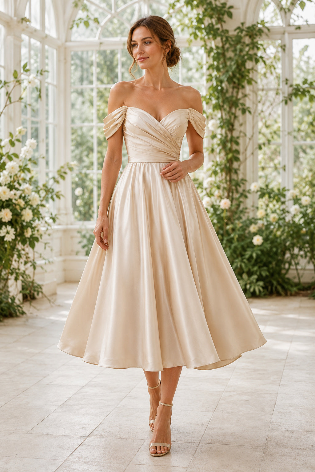 Champagne Off Shoulder Satin Tea Length Wedding Dress for Wedding Reception and Party front view