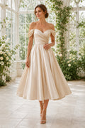 Champagne Off Shoulder Satin Tea Length Wedding Dress for Wedding Reception and Party front view