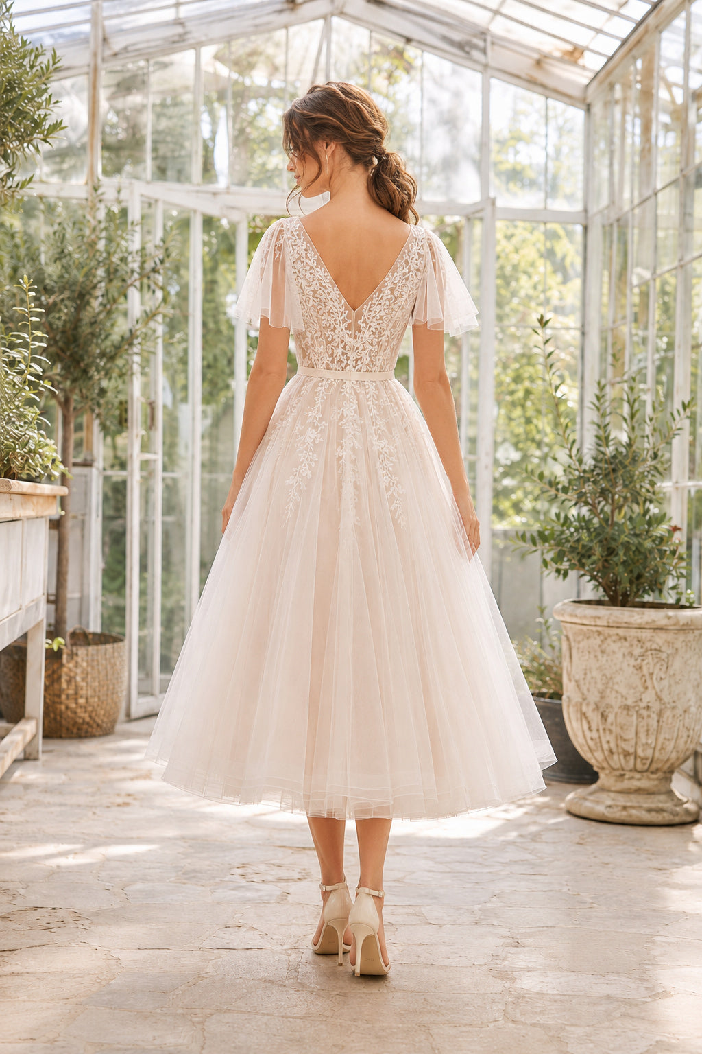 Ivory Cap Sleeve V-Neck Applique Tea Length Wedding Dress for Wedding Reception and Party Style MG_700977 back view