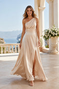 Champagne One-Shoulder Satin Chiffon A-Line Guest Dress with Side Split and Draped Waist front view