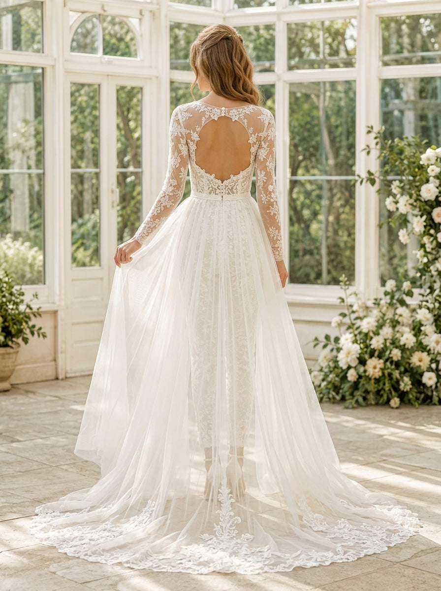 Ivory V Neck Lace Wedding Jumpsuit with Tulle Overskirt back view