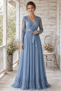 Steel Blue Long Sleeve Lace V Neck Bodice with Flowing Chiffon Skirt Floor Length A-Line Mother Dress front view
