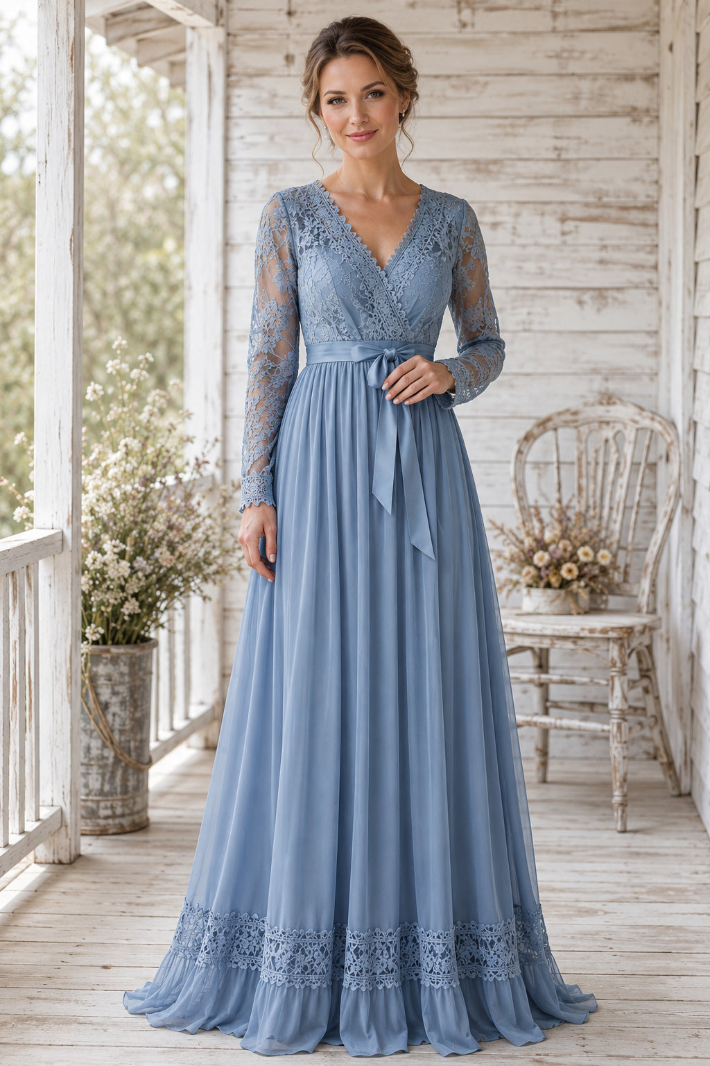 Steel Blue Long Sleeve Lace V Neck Bodice with Flowing Chiffon Skirt Floor Length A-Line Mother Dress front view