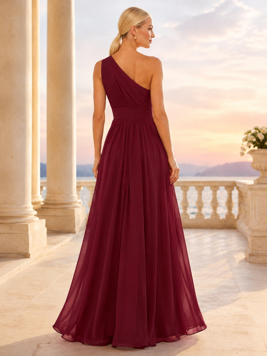 Burgundy Chiffon One Shoulder A-Line Evening Dress back view