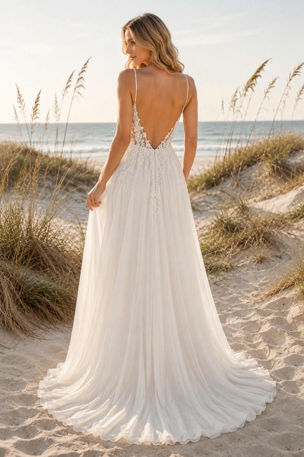 Ivory Sexy Spaghetti Neck A-Line Chiffon Tulle Wedding Dress with Spaghetti Straps and Sweep Train Style MG_701411 back view