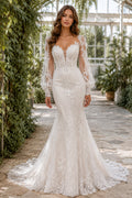 Ivory Long Sleeve Lace Mermaid Wedding Dress Corset Back Train for Wedding Ceremony and Reception front view