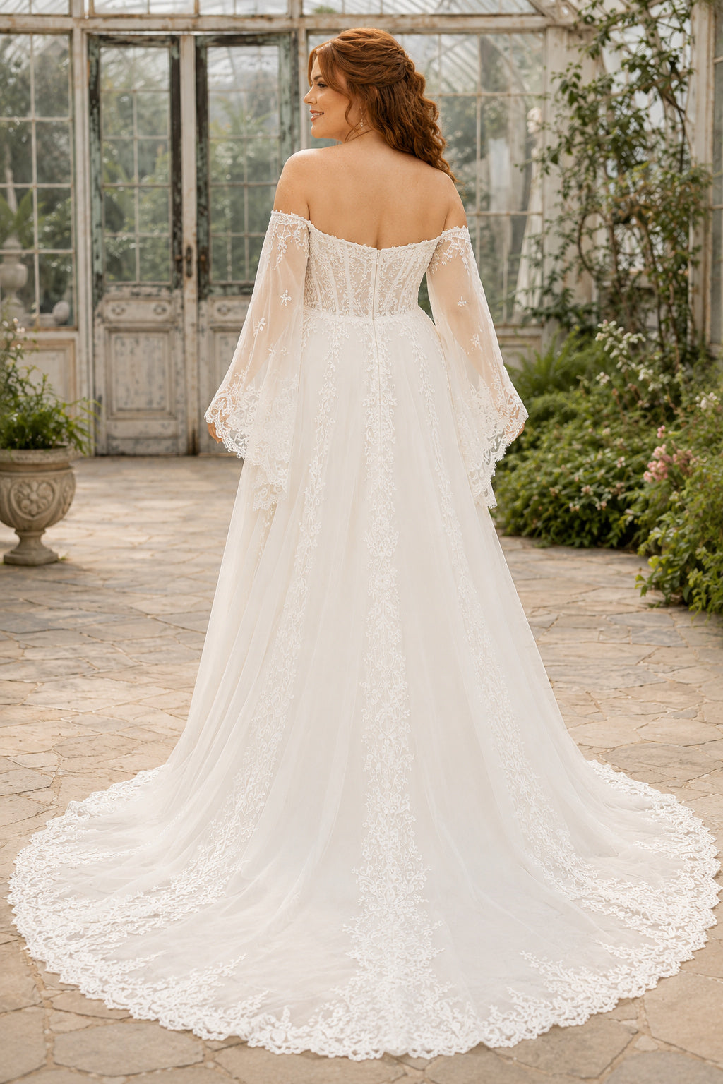 Plus Size Ivory Off Shoulder Lace Bell Sleeve Wedding Dress back view