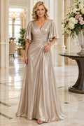 Champagne Metallic V-Neck A-Line Mother Dress with Flutter Sleeves and Pleated Skirt front view