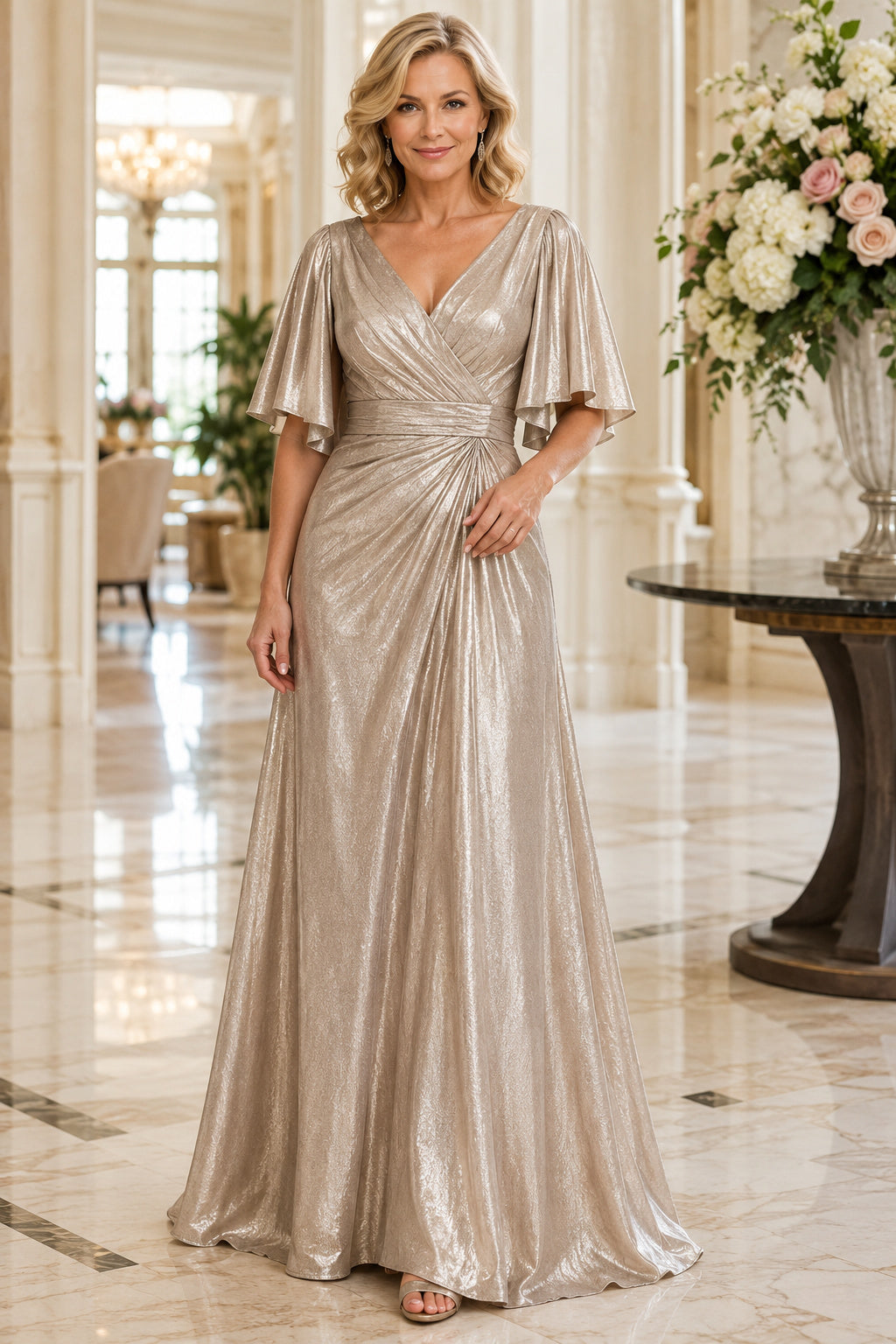 Champagne Metallic V-Neck A-Line Mother Dress with Flutter Sleeves and Pleated Skirt front view