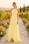 Daffodil Halter Chiffon A-Line Bridesmaid Dress with Front Slit and Open Back front view