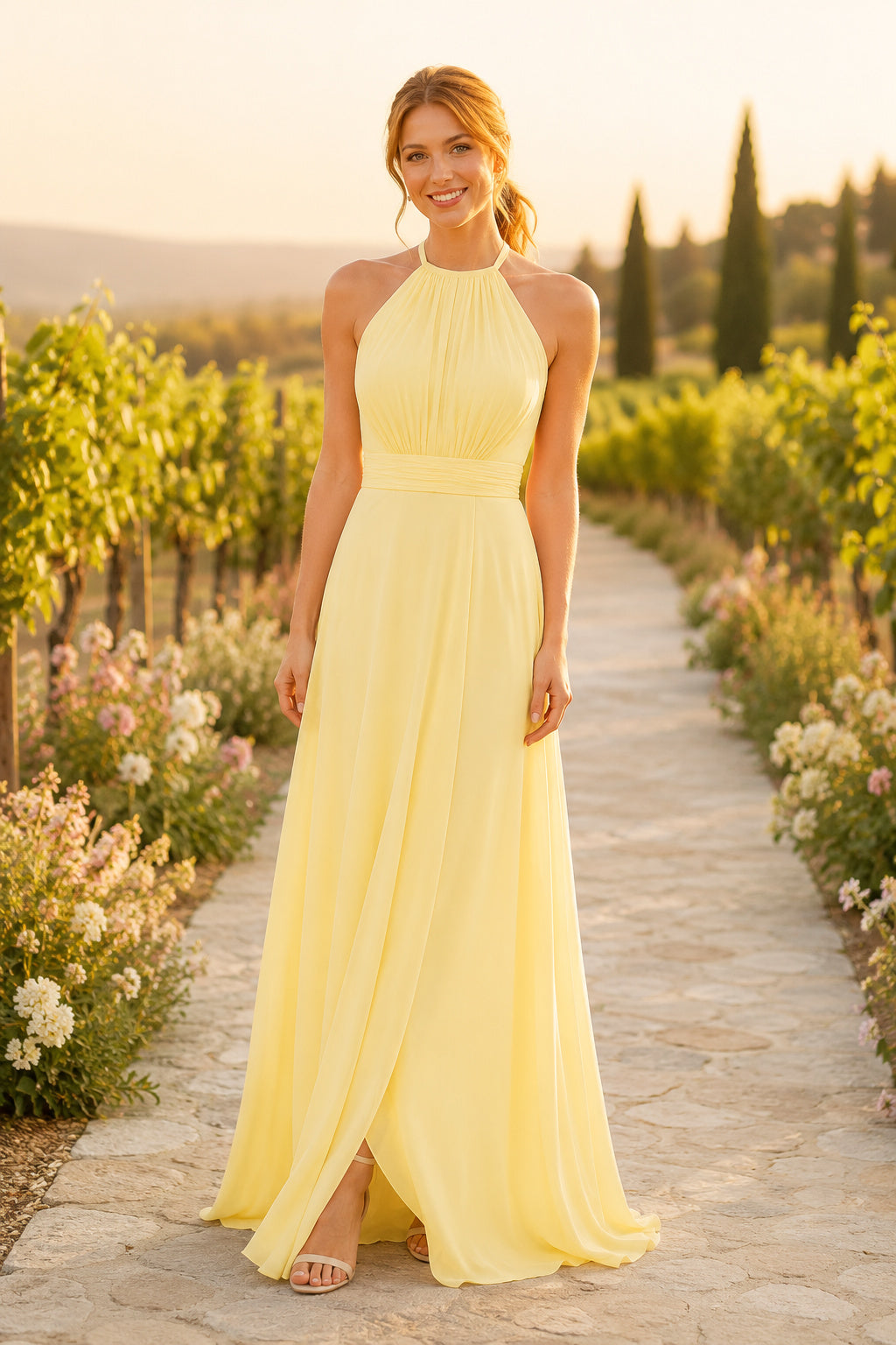 Daffodil Halter Chiffon A-Line Bridesmaid Dress with Front Slit and Open Back front view